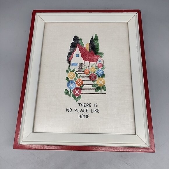 Vintage Framed Cross Stitch   "There Is No Place Like Home" 12x9.5" - Picture 1 of 5